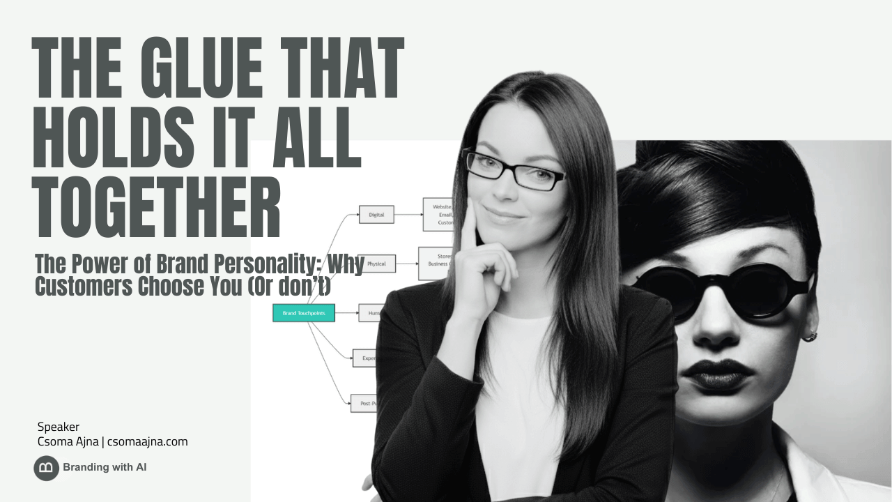 Brand personality, the glue that holds it all together and how to do it with AI Brand personality keynote presentation slide by Ajna Csoma showing how customers choose brands