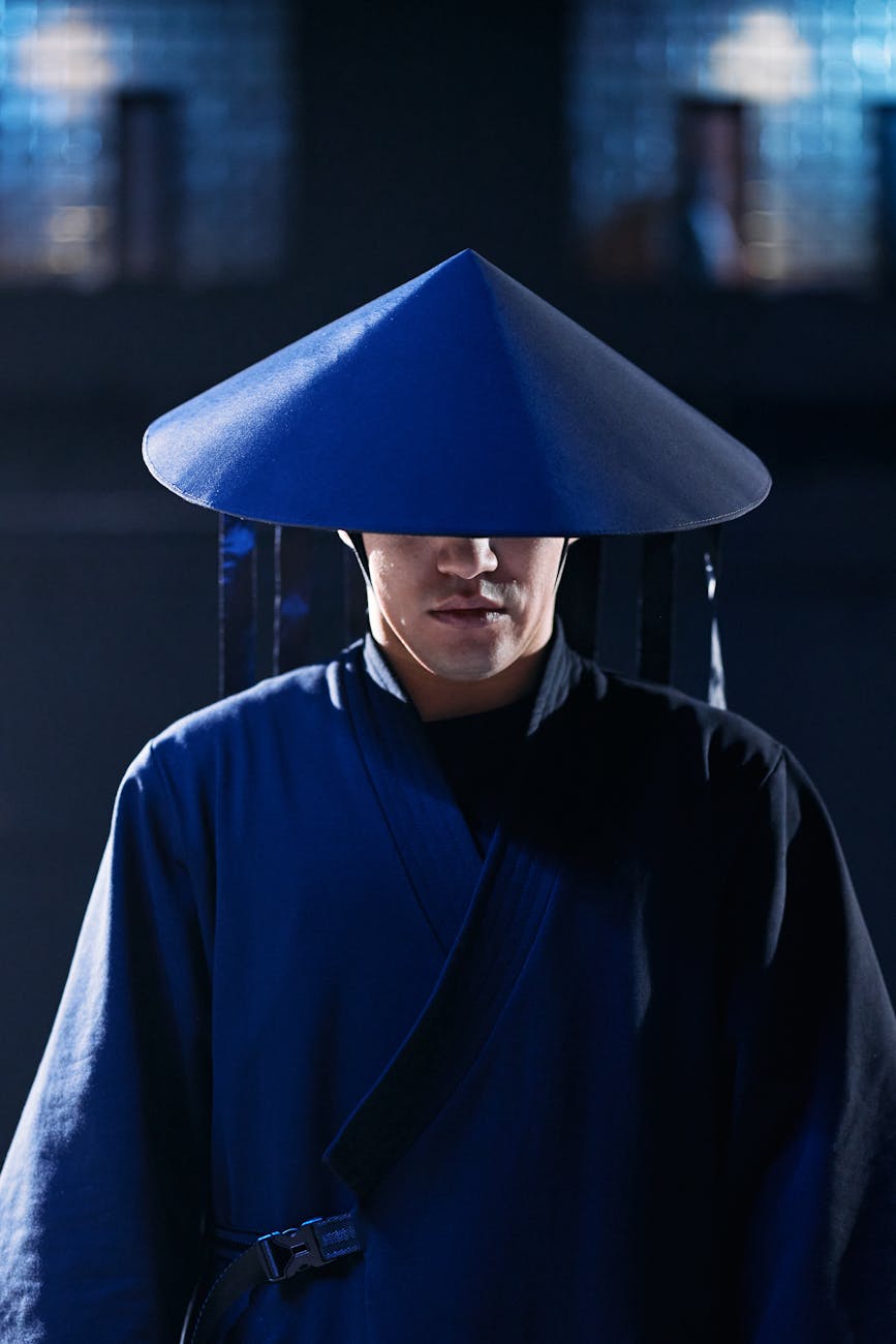 selective focus of a man wearing his game character costume